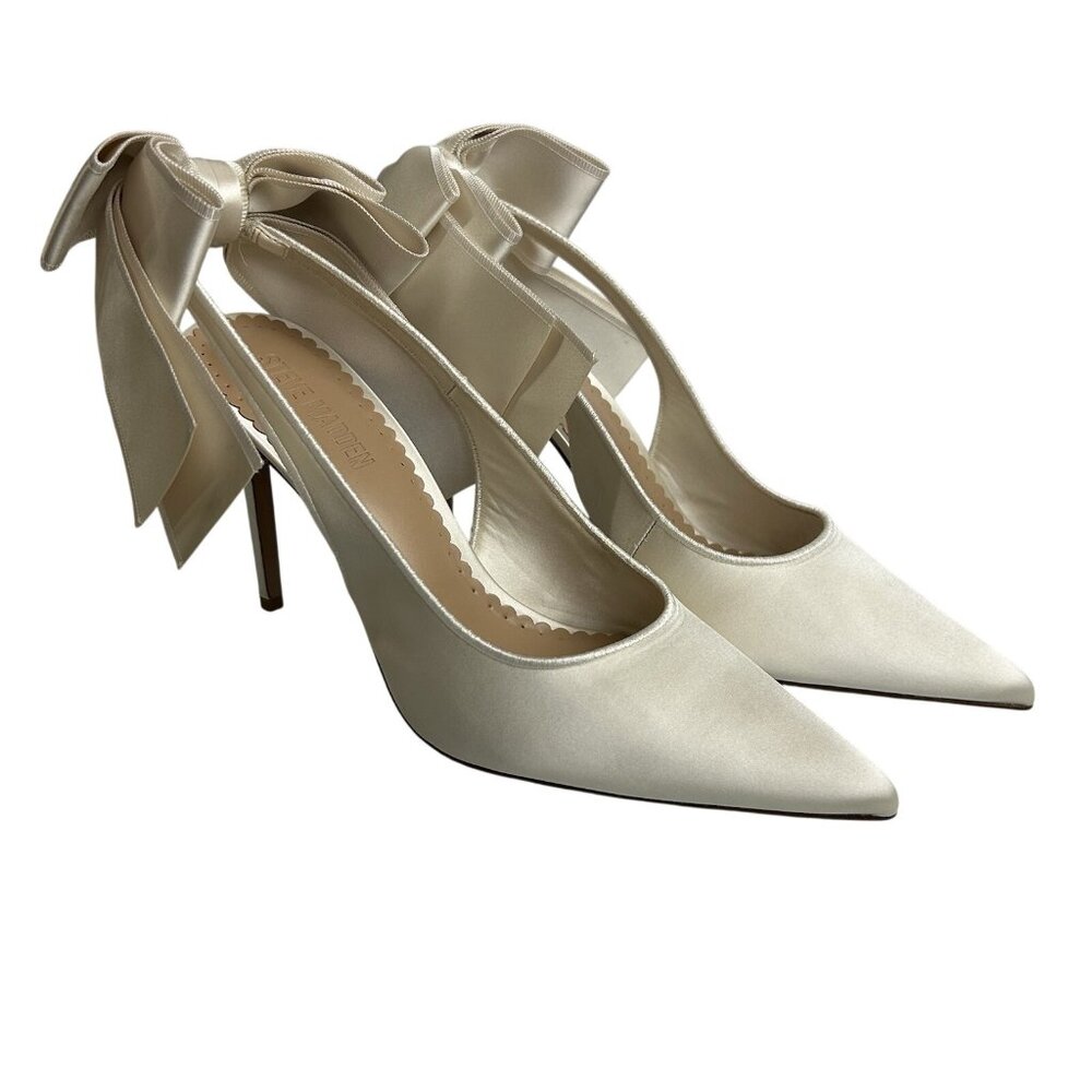 STUNNING Steve Madden Teacup Ivory Satin Sling Back Stiletto Pump Bow Sz 10M NEW - Picture 8 of 16